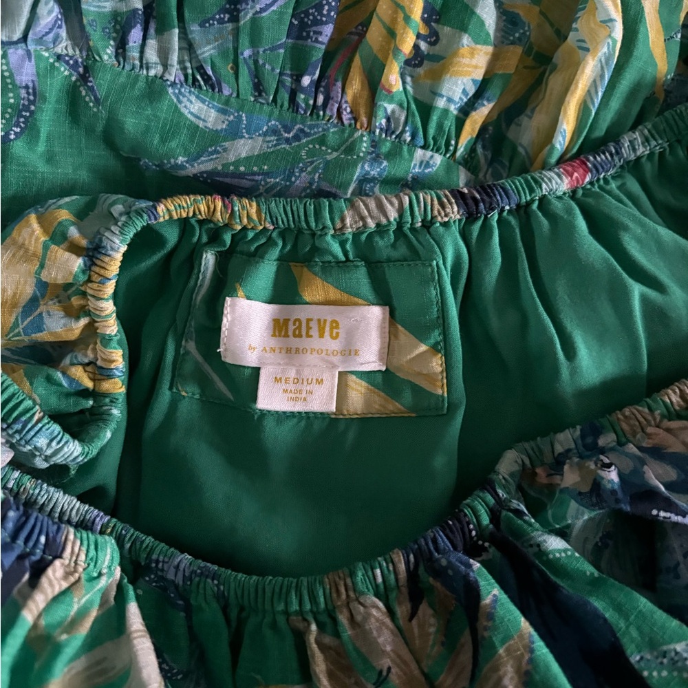 Anthropologie Maeve Tropical Green Tiered Maxi Dress Cotton Birds Butterflies - Picture 6 of 11